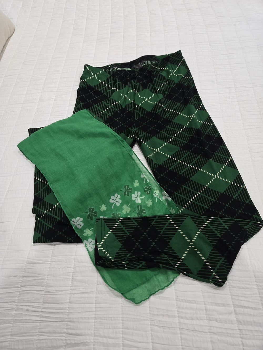 Green and Black Argyle Leggings with Green Shamrock Scarf